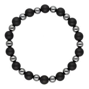 Męska elastyczna bransoletka z kulek czarnego agatu i srebrnego hematytu