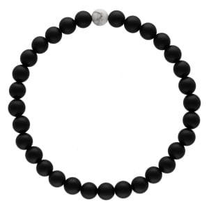 Bransoletka męska z czarnego agatu i białego howlitu która jest z kolekcji EARTH and SPACE. Pojedyńcza kulka białego howlitu określa 10% pokrywy lodowej na Ziemi