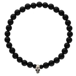 Bransoletka męska elastyczna z kulek czarnego matowego agatu oraz srebrnej czaszki
