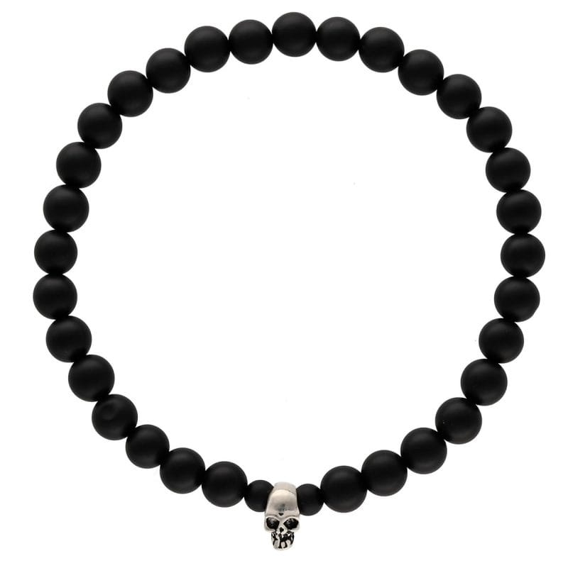 srebrna bransoletka męska z srebrną czaszką i agatem SKULL MATT Bransoletka męska elastyczna z kulek czarnego matowego agatu oraz srebrnej czaszki