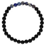 Bransoletka męska elastyczna z czarnym agatem i niebieskim jaspisem. Każda kulka niebieskiego jaspisu oznacza 10% powierzchni Ziemi pokrytej wodą.