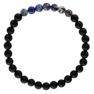 Bransoletka męska elastyczna z czarnym agatem i niebieskim jaspisem. Każda kulka niebieskiego jaspisu oznacza 10% powierzchni Ziemi pokrytej wodą.