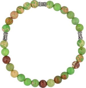 bransoletka srebrna męska elastyczna z zielonego jaspisu cesarskiego i przekładek srebrnych 925