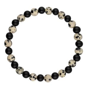 Elastyczna bransoletka męska z nakrapianego biało czarnego jaspisu i czarnego onyksu