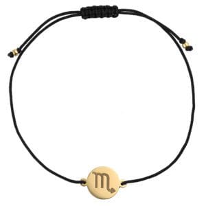 Damska bransoletka dla Skorpiona czarny sznurek z celebrytką z grawerem. Bransoletka srebrna pozłacana na czarnym sznurku
