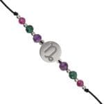 Srebrna bransoletka dla Koziorożca na czarnym sznurku z celebrytka i rubinem, malachitem i ametystem
