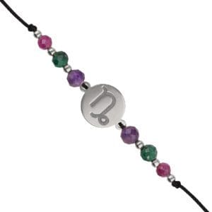 Srebrna bransoletka dla Koziorożca na czarnym sznurku z celebrytka i rubinem, malachitem i ametystem