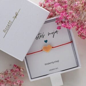 Bransoletka na Walentynki z serduszkiem srebrna pozłacana z dedykacją w pudełku
