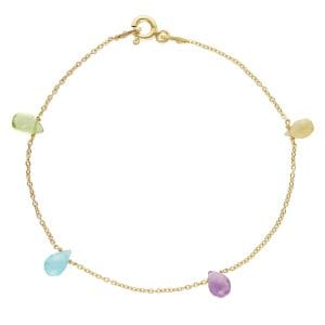 Piękna bransoletka damska na szczęście z kamieniami naturalnymi: apatytem, cytrynem, ametystem i oliwinem. Delikatna bransoletka na łańcuszku ze srebra 925