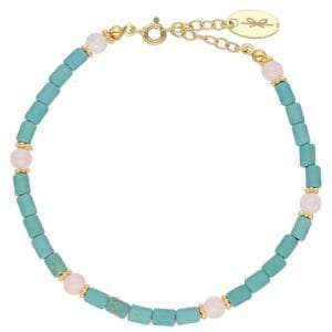 Bransoletka z niebieskim kamieniem howlitem i kwarcem różowym pozłacana z regulacją