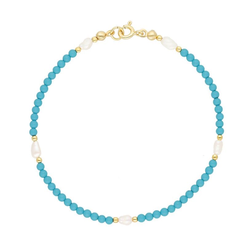 Damska bransoletka srebrna pozłacana z kuleczek turkusu i pereł