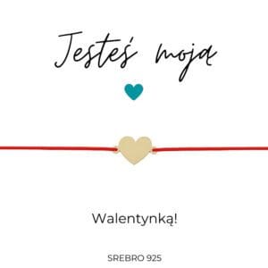 Bransoletka na Walentynki serce na czerwonym sznurku pozłacana z dedykacją