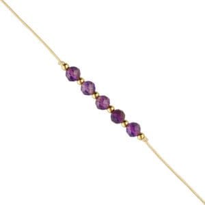 Damska bransoletka na sznurku z fioletowym kamieniem srebrna pozłacana