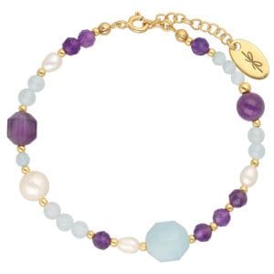 Bransoletka regulowana pozłacana z kamieniami naturalnymi niebieskim akwamarynem i fioletowym ametystem