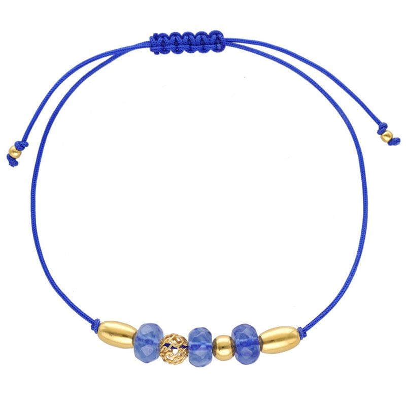 Bransoletka sznurkowa chabrowa kobaltowa z kamieniem ochronnym kwarc pozłacana