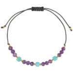 Bransoletka z amazonitem i ametystem na szarym sznurku pozłacana