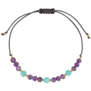 Bransoletka z amazonitem i ametystem na szarym sznurku pozłacana