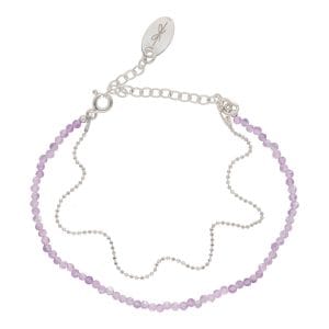 Piękna bransoletka damska srebrna z ametystem fasetowanym. Bransoletka z dodatkowym srebrnym łańcuszkiem z kuleczkami.