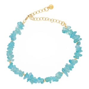 Złota bransoletka damska goldfilled z sieczką z apatytu i przedłużką zakończoną kuleczka