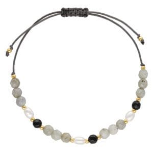 Bransoletka labradoryt, onyks, perły na szarym sznurku pozłacana