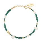 Stylowa i elegancka bransoletka damska srebrna pozłacana z naturalnym malachitem, perłą. Bransoletka posiada przedłużkę na której końcu zawieszona jest zawieszka z logo Rosett