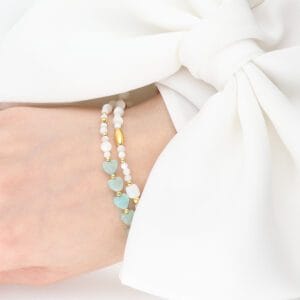 Bransoletka srebrna z masą perłową i amazonitem pozłacana