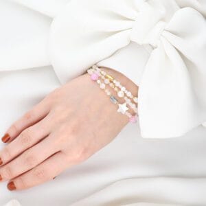 Bransoletka srebrna z masy perłowej, fluorytu i chalcedonu pozłacana z gwiazdką