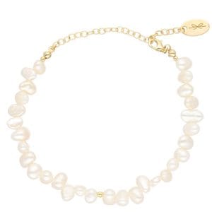 Bransoletka z perłami damska srebrna pozłacana. Bransoletka posiada przedłużkę na której końcu zawieszona jest zawieszka z logo Rosett