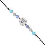 Srebrna bransoletka dla Bliźniąt na czarnym sznurku z celebrytką i agatem, akwamarynem i turkusem