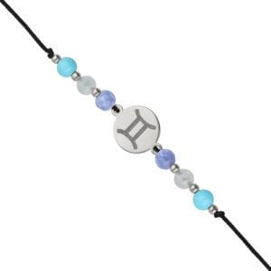 Srebrna bransoletka dla Bliźniąt na czarnym sznurku z celebrytką i agatem, akwamarynem i turkusem