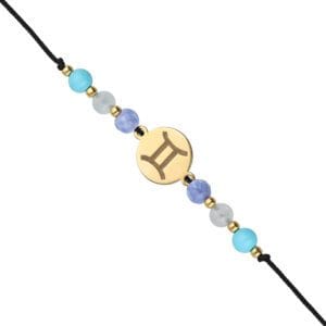 Bransoletka zodiakalna dla Bliźniąt na czarnym sznurku z celebrytką i agatem, akwamarynem i turkusem