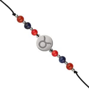 Srebrna bransoletka dla Byka na czarnym sznurku z celebrytką, koralem, karneolem i lapisem lazuli