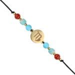 Bransoletka dla Panny na czarnym sznurku z celebrytką i amazonitem, karneolem i turkusem srebrna pozłacana