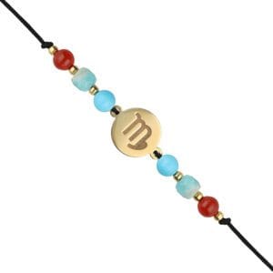 Bransoletka dla Panny na czarnym sznurku z celebrytką i amazonitem, karneolem i turkusem srebrna pozłacana