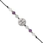 Srebrna bransoletka dla Ryb na czarnym sznurku z celebrytka i akwamarynie, kamieniem księżycowym i ametystem