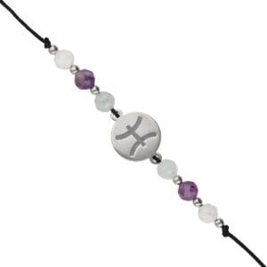 Srebrna bransoletka dla Ryb na czarnym sznurku z celebrytka i akwamarynie, kamieniem księżycowym i ametystem