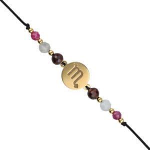 Bransoletka dla Skorpiona na sznurku z celebrytką, granatem, akwamarynem i rubinem