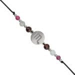 Srebrna bransoletka dla Skorpiona na czarnym sznurku z celebrytką, granatem, akwamarynem i rubinem