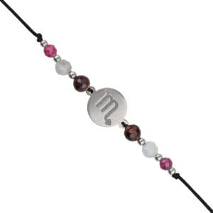 Srebrna bransoletka dla Skorpiona na czarnym sznurku z celebrytką, granatem, akwamarynem i rubinem