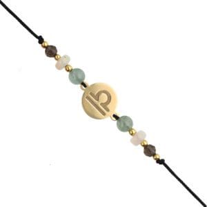 Pozłacana bransoletka dla Wagi na czarnym sznurku z celebrytką i opalem, awenturynem i kwarcem dymnym