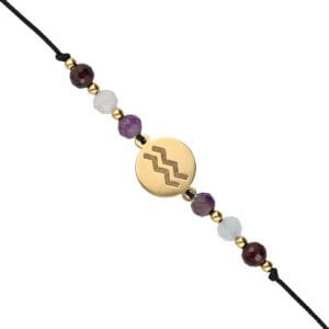 Bransoletka dla Wodnika na sznurku z celebrytką, ametystem, akwamarynem i granatem