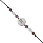 Srebrna bransoletka dla Wodnika na czarnym sznurku z celebrytką, granatem, akwamarynem i ametystem