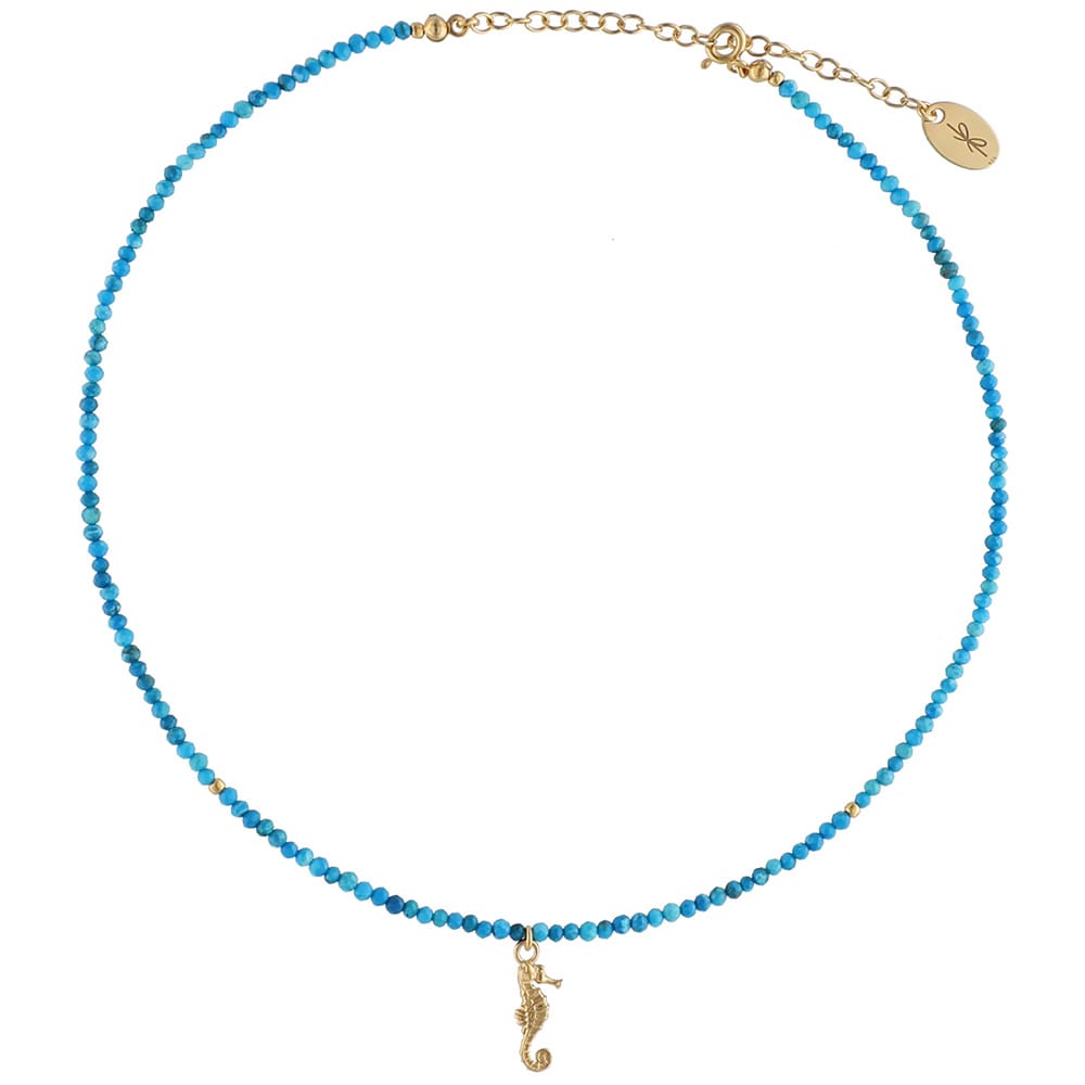 Choker z kamieni z konikiem morskim i niebieskim agatem pozłacany