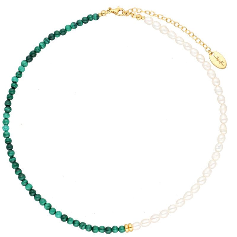 Choker na szyję z naturalnych pereł i zielonego malachitu wykonany ze srebra pozłacanego
