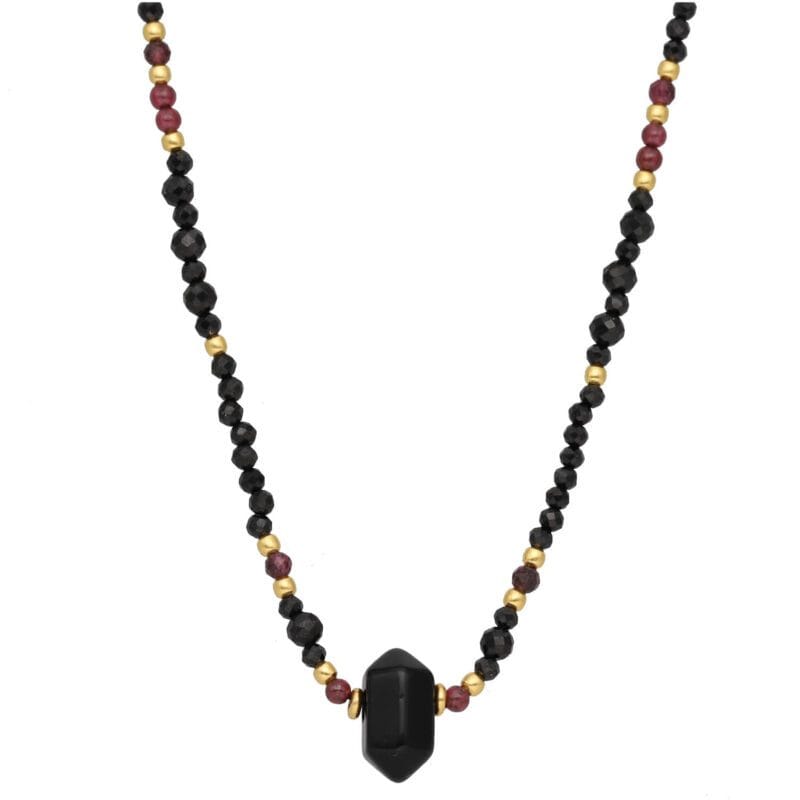 Naszyjnik z czarnym onyksem spinelem i granatem grot srebrny pozłacany