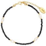 damska bransoletka czarny spinel perła pozłacana. Elementy wykonane ze srebra 925.