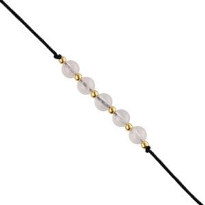 Damska bransoletka kwarc różowy na czarnym sznurku z kuleczkami ze srebra pozłacanego 925