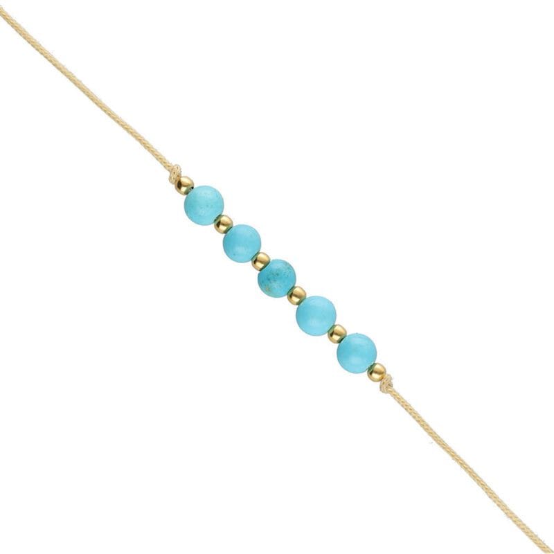 damska bransoletka beżowy sznurek turkus srebrna pozłacana Bransoletka na beżowym sznureczku z niebieskim kamieniem turkus