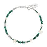 Elegancka i gustowna damska bransoletka srebrna z malachitem naturalnym i perłami naturalnymi. Bransoletka posiada przedłużkę zakończoną blaszką z logiem Rosett