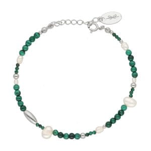 Elegancka i gustowna damska bransoletka srebrna z malachitem naturalnym i perłami naturalnymi. Bransoletka posiada przedłużkę zakończoną blaszką z logiem Rosett